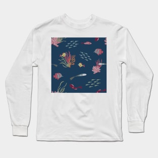 Fish, Coral, and Seaweed on Navy Long Sleeve T-Shirt